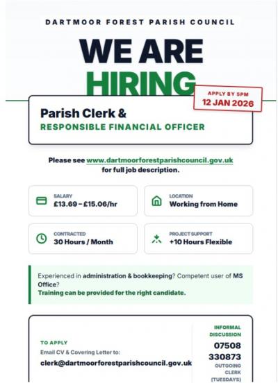 Dartmoor Forest  Parish Council Vacancy for Parish Clerk 