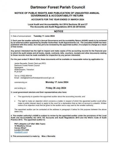 NOTICE OF PUBLIC RIGHTS AND PUBLICATION OF UNAUDITED ANNUAL GOVERNANCE & ACCOUNTABILITY RETURN